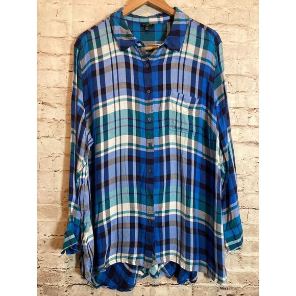 Talbots Top Womens 3X Cobalt Blue Plaid Button Up Lightweight Plus Long Sleeve - Picture 1 of 16